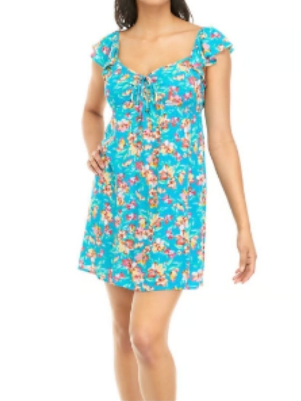 BeBop Turquoise Tropical Floral Cinch-Front Babydoll Mini Dress - Size M Juniors
